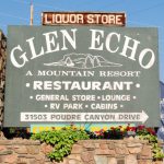Glen Echo Resort in the Poudre Canyon near Bellvue Colorado welcome sign offers insight to the amenities restaurant store lounge cabins rv park liquor store