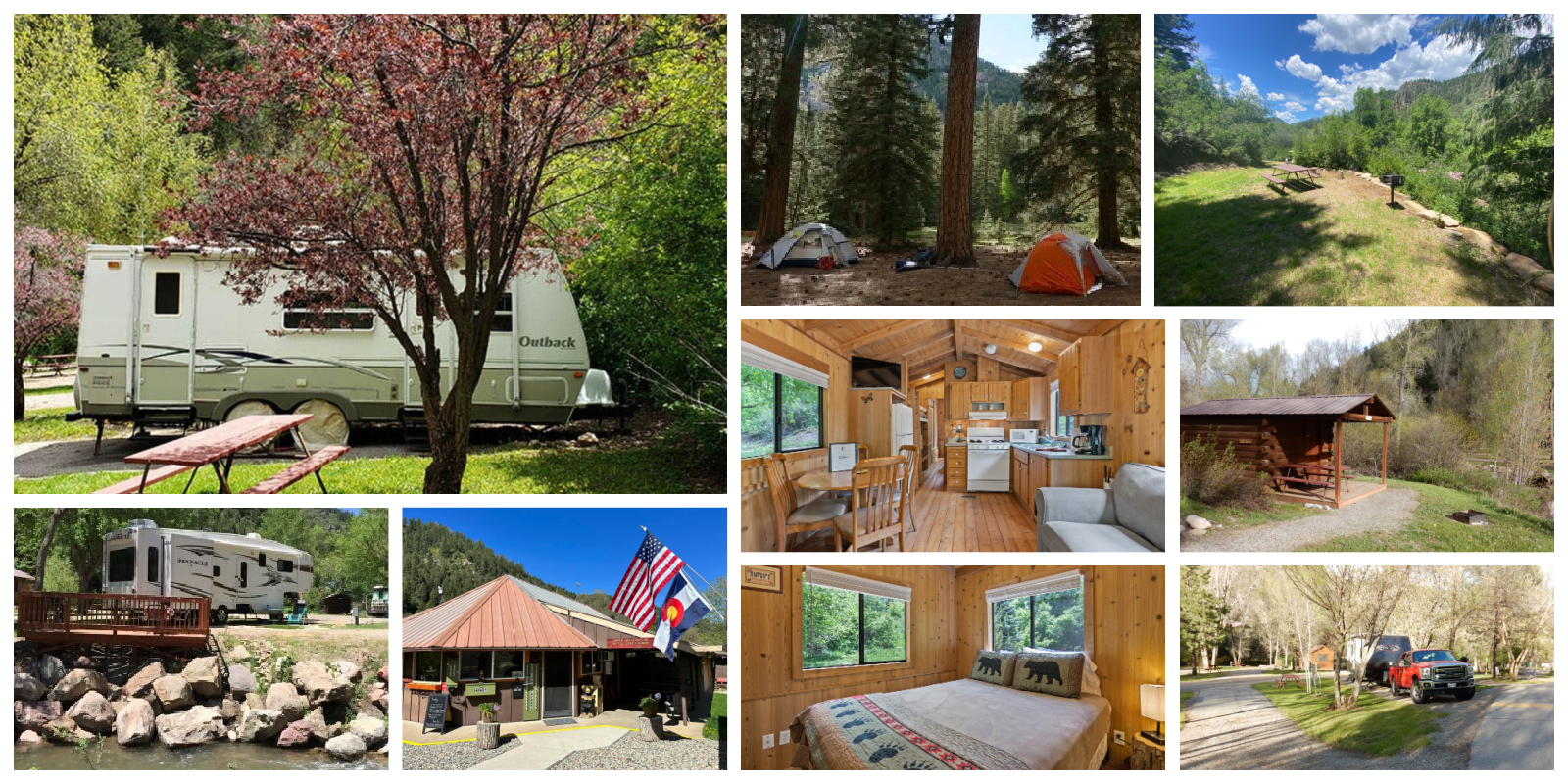 collage of pics taken at HTR Durango Campground RV sites tent and cabin camping in southwest Colorado